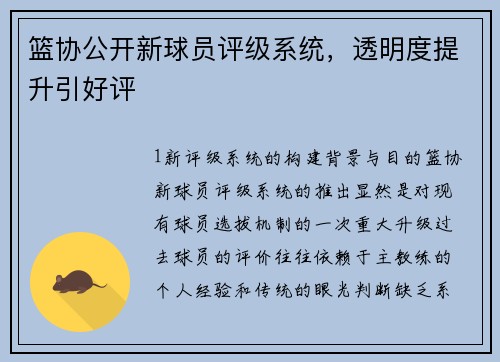 篮协公开新球员评级系统，透明度提升引好评